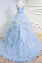 Sweetheart Blue Organza Ballgown V Neck Ruffles Appliques Semi Formal Prom Dresses